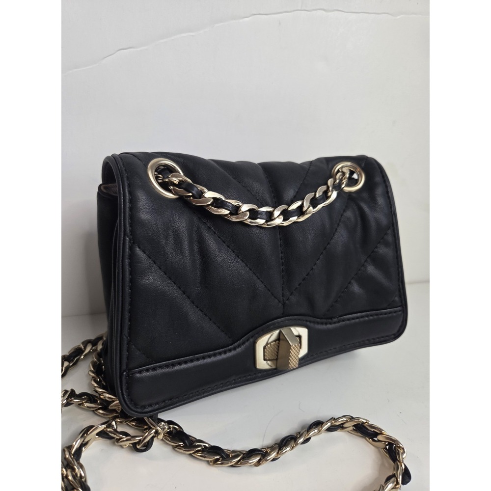 Vtg ANN TAYLOR Black Chevron Quilted Leather Shoulder Crossbody Purse Gold Chain